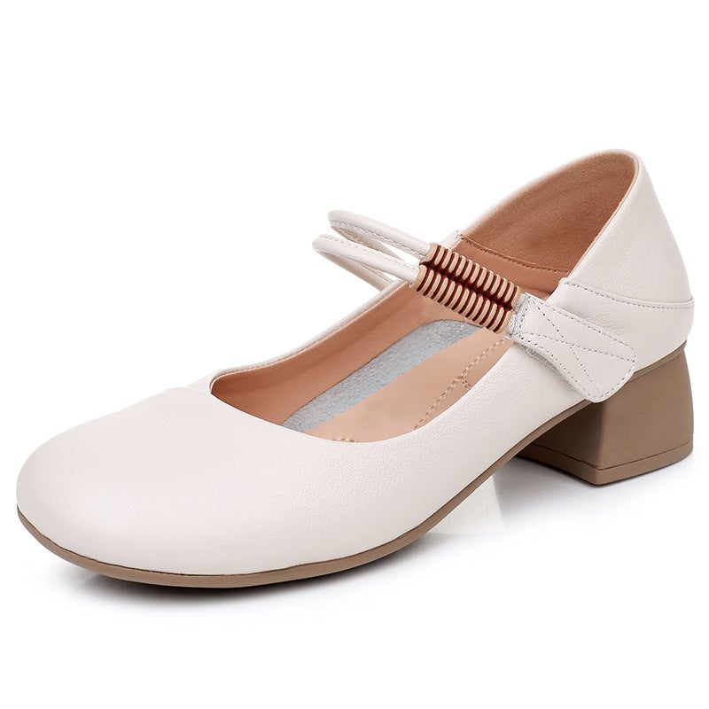 25 New Style One-Word With Four Seasons Mary Jane Comfortable Mid-Heel Round Toe Shallow Mouth Leather Top Layer Cowhide Small Size Mother Shoes - Image 1